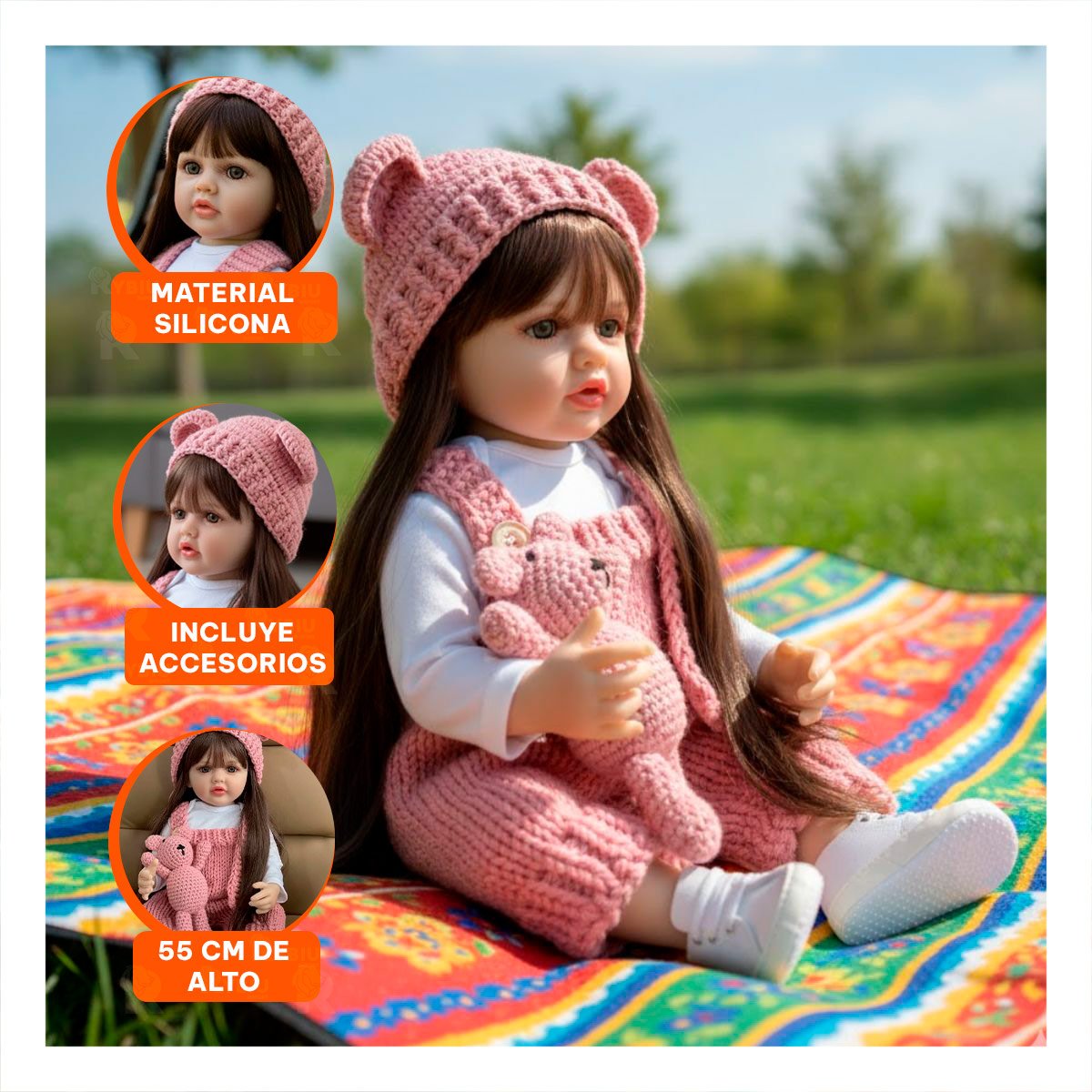 PACK2 MODELO MUÑECA CON OVEROL TEJIDO Y GORRO OREJITAS EN 55CM ROSADO Y+PAPEL REGALO - 5
