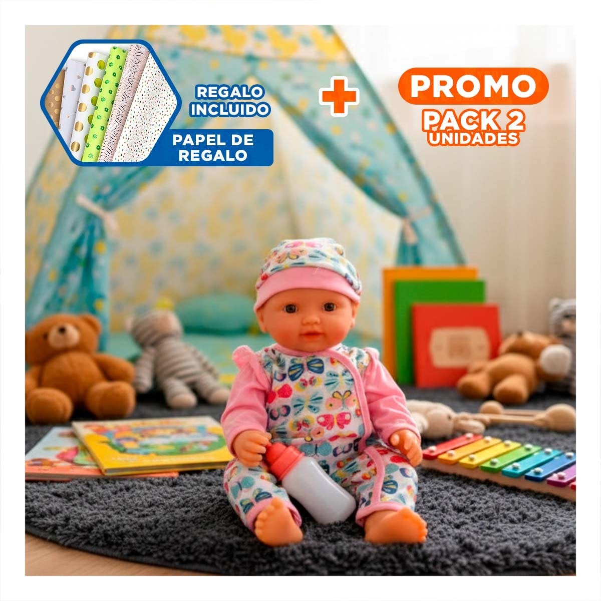 PACK2 BEBITA BEBES ENTERIZO CON MARIPOSAS Y ACCESORIOS ROSADO SUAVE Y+PAPEL REGALO - 1