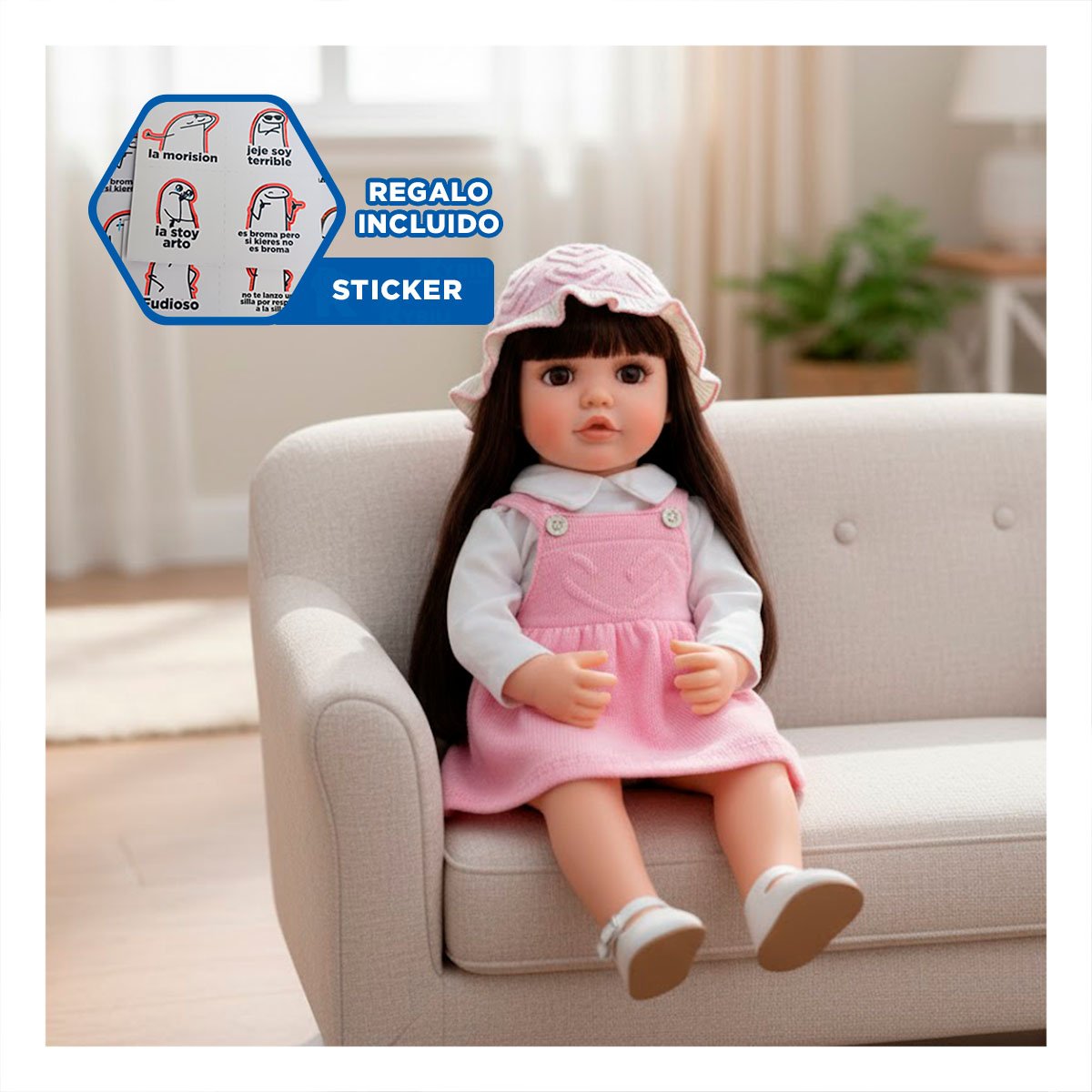 BEBE DE JUGUETE CON FUNCION INTELIGENTE Y SOMBRERO TEJIDO INFANTIL ROSADO 55CM Y+REGALO STICKER - 1
