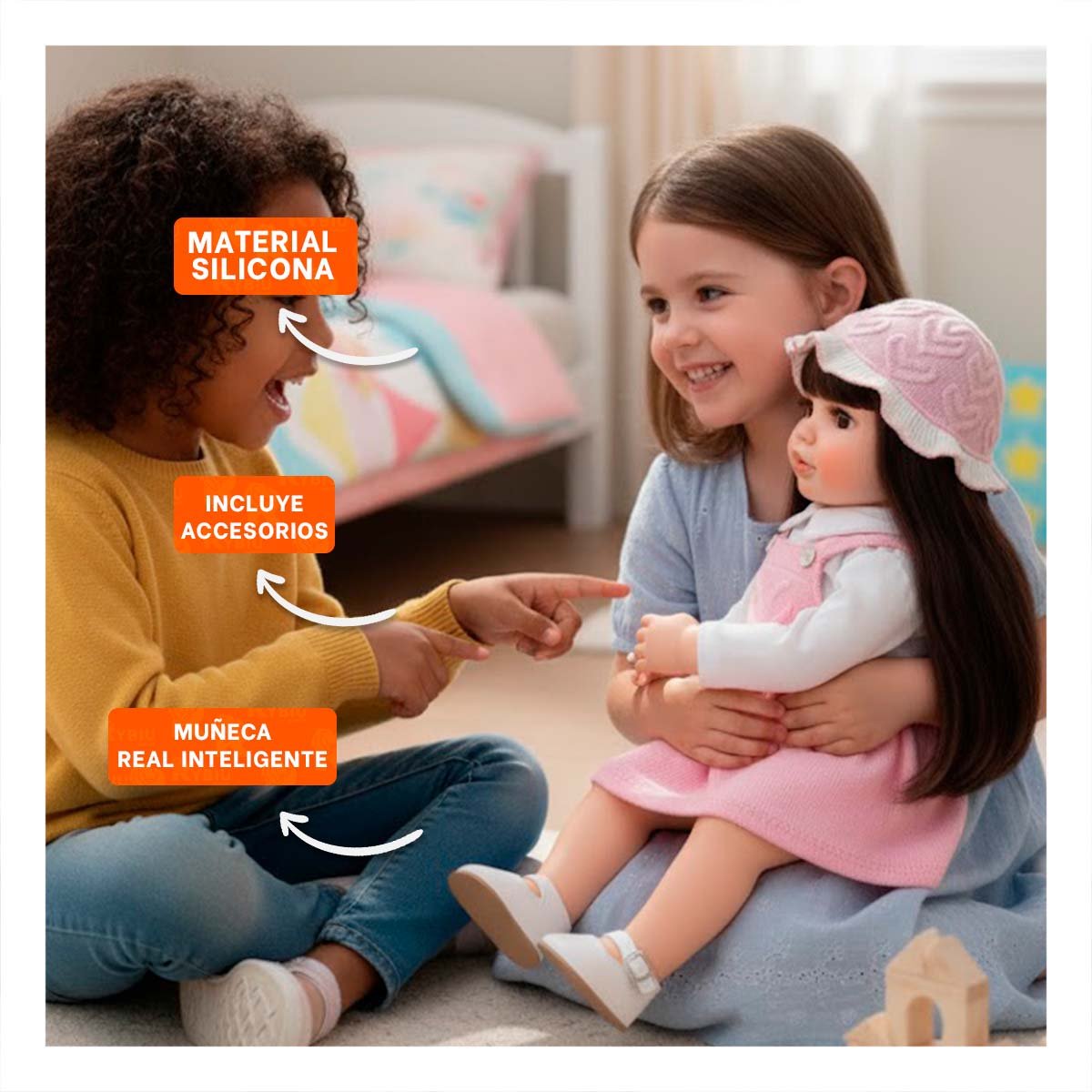 BEBE DE JUGUETE CON FUNCION INTELIGENTE Y SOMBRERO TEJIDO INFANTIL ROSADO 55CM Y+REGALO STICKER - 5