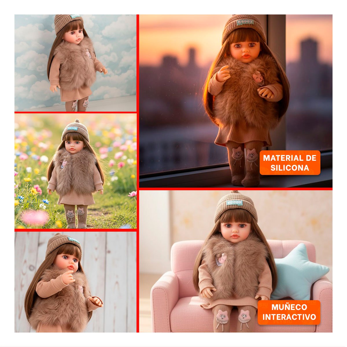 FIGURA YESSY CON PRENDAS MARRON REMOVIBLES Y ATUENDO INFANTIL COMPLETO 55CM Y+LIGAS REGALO - 5