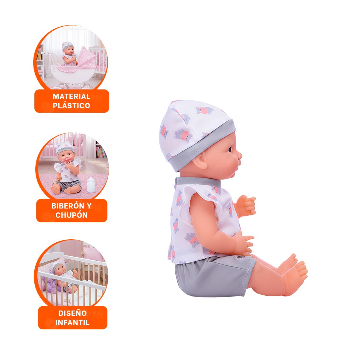FIGURA DECORATIVA HIPOPOTAMO CON ROPITA Y ACCESORIOS SUAVES PARA BEBES - 3