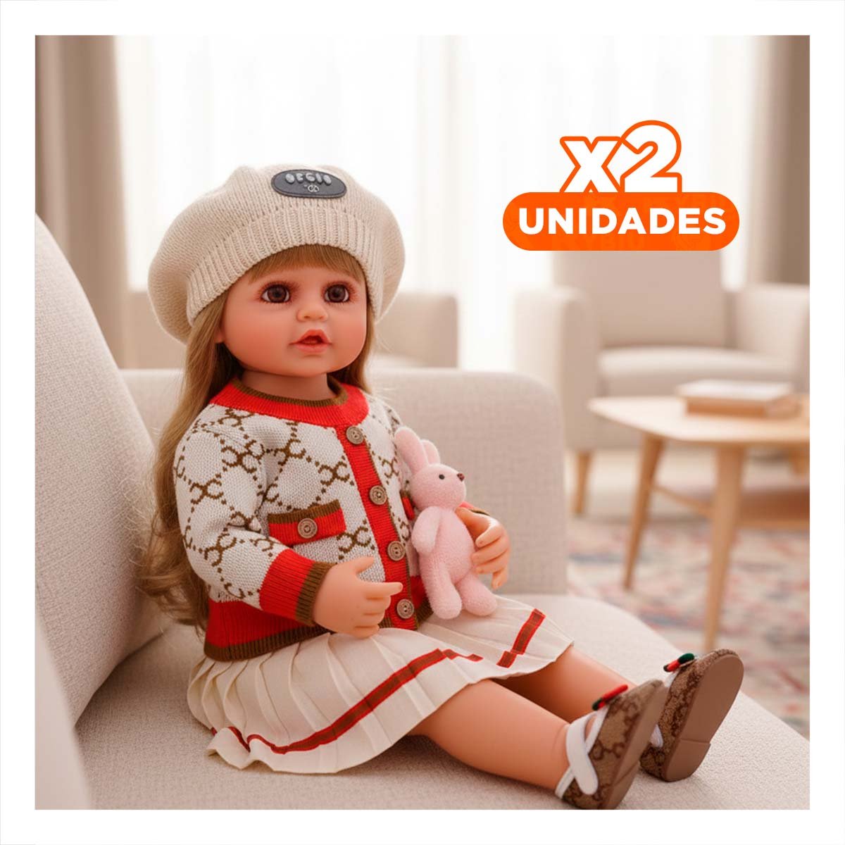 PACK2 MODELO YESSY CON GORRO BEIGE Y ROJO 55CM CHOMPA TEJIDA Y+REGALO STICKER - 1
