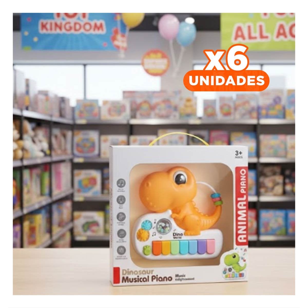 PACK6 JUGUETE MUSICAL PARA NINOS DINOSAURIO INFANTIL AMARILLO 17.5 CM Y+REGALO STICKER - 1