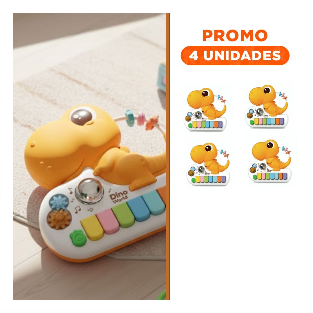 PACK4 SINTETIZADOR INFANTIL DE TECLAS MUSICALES DINOSAURIO AMARILLO 17.5 CM Y+REGALO STICKER - 1