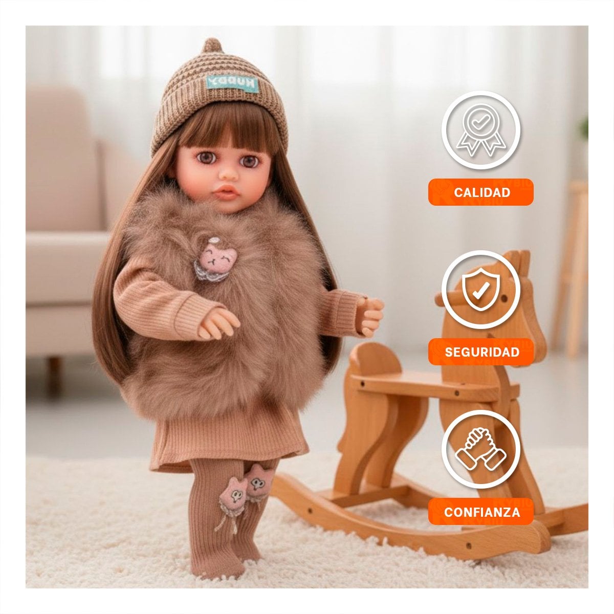 FIGURA YESSY CON VESTUARIO TEXTIL MARRON DETALLADO PARA JUEGO IMAGINATIVO 55CM Y+PAPEL REGALO - 3