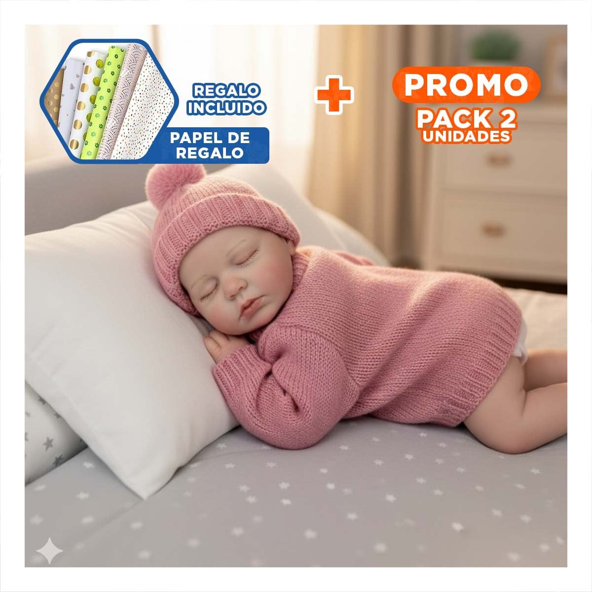 PACK2 COMPANERA DECORATIVA BEBE REAL CON CHOMPA TEJIDA Y GORRO ROSADO Y+PAPEL REGALO - 1