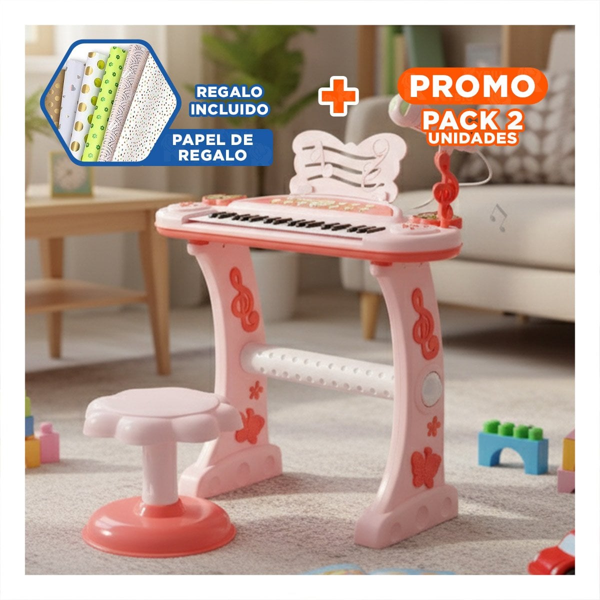 PACK2 INSTRUMENTO INFANTIL CON MICROFONO Y SILLA ROSADO PARA RITMO Y MELODIA Y+PAPEL REGALO - 1