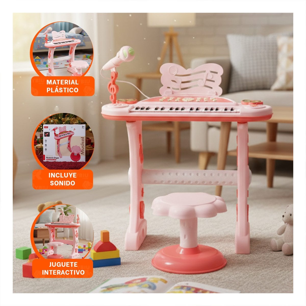 PACK2 INSTRUMENTO INFANTIL CON MICROFONO Y SILLA ROSADO PARA RITMO Y MELODIA Y+PAPEL REGALO - 5