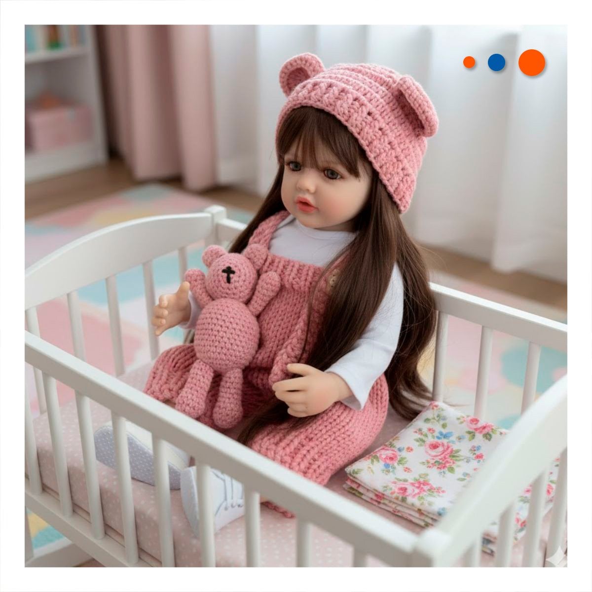 BEBE REALISTA INTERACTIVO CON OVEROL TEJIDO Y GORRO OREJITAS EN 55CM ROSADO - 2