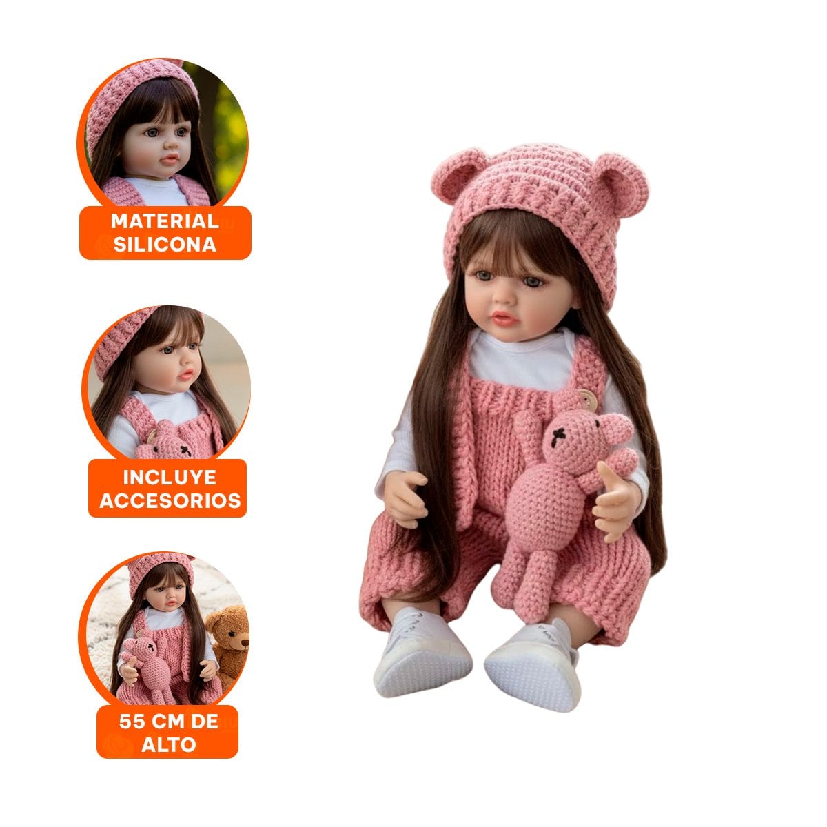 BEBE REALISTA INTERACTIVO CON OVEROL TEJIDO Y GORRO OREJITAS EN 55CM ROSADO - 3