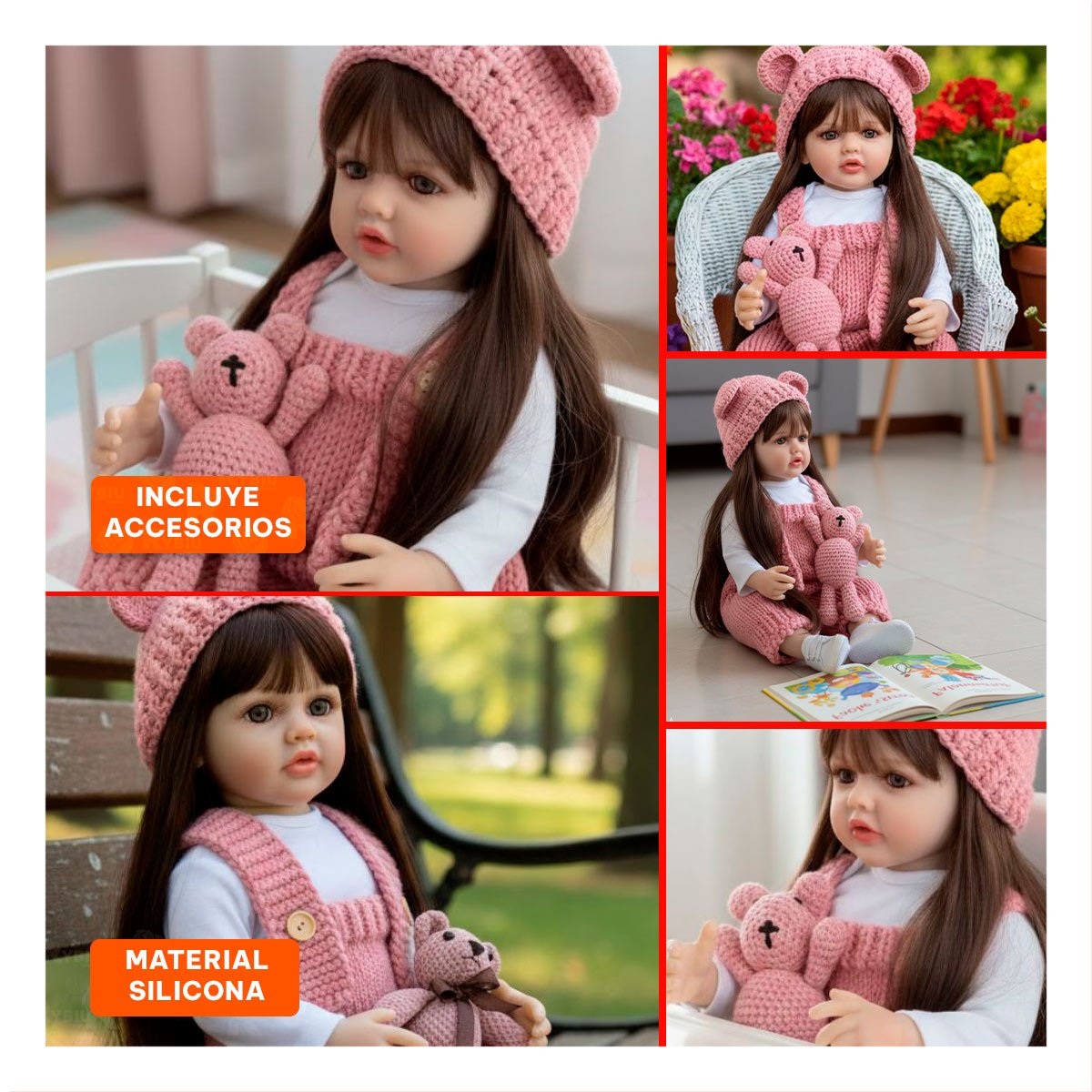 BEBE REALISTA INTERACTIVO CON OVEROL TEJIDO Y GORRO OREJITAS EN 55CM ROSADO - 5