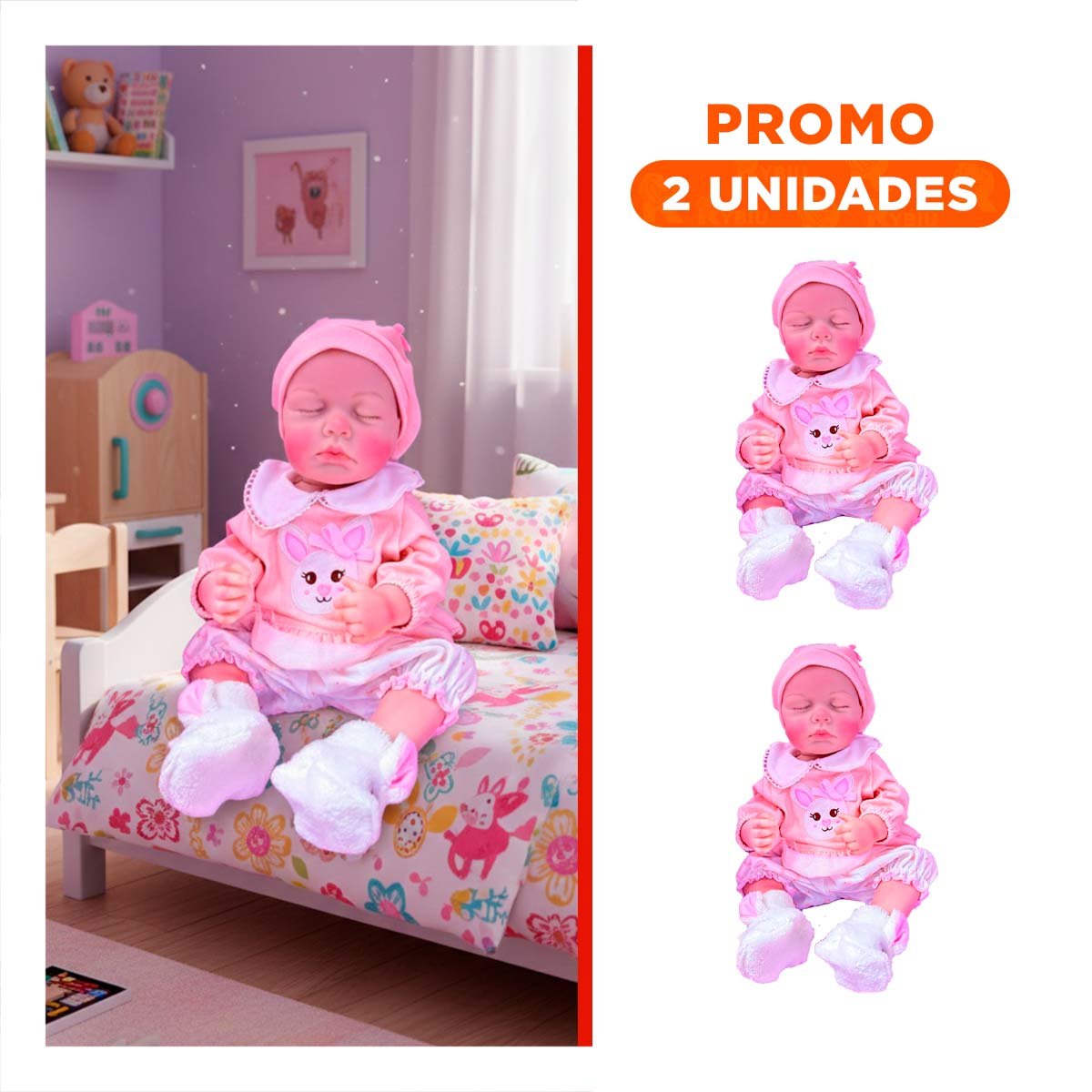 PACK2 MODELO INFANTIL REAL CON APARIENCIA NATURAL Y ATUENDO DE CONEJO ROSADO 50CM - 1