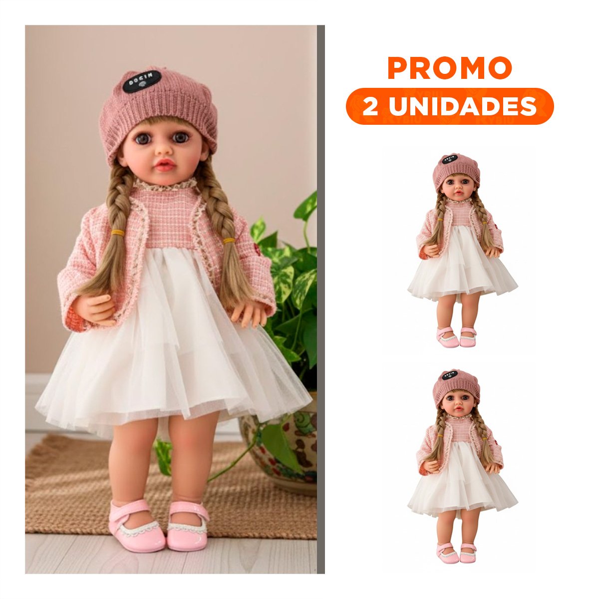 PACK2 PERSONAJE INFANTIL YESSY ROSADO 55CM CON VESTIDO DE TULL CHOMPA TWEED Y GORRA - 1