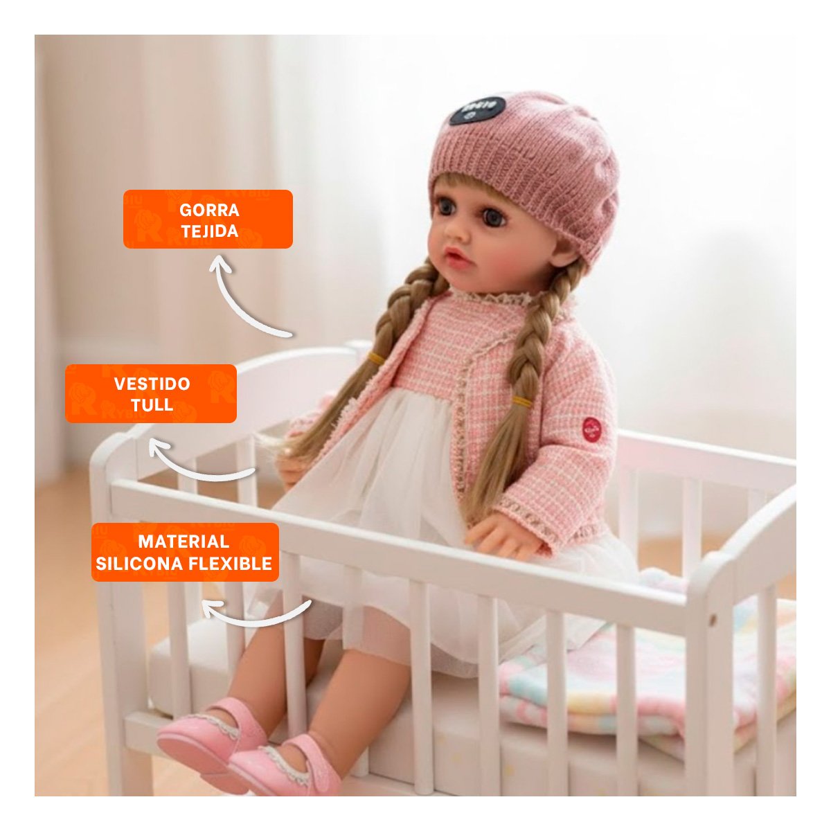 PACK2 PERSONAJE INFANTIL YESSY ROSADO 55CM CON VESTIDO DE TULL CHOMPA TWEED Y GORRA - 5