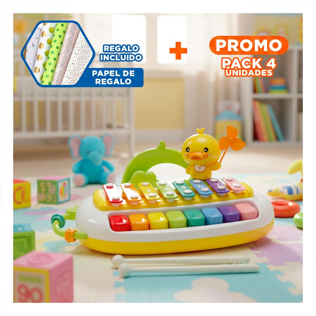 PACK4 OPCION MUSICAL CON XILOFONO Y PATO PARA DIVERSION EN CASA Y+PAPEL REGALO - 1