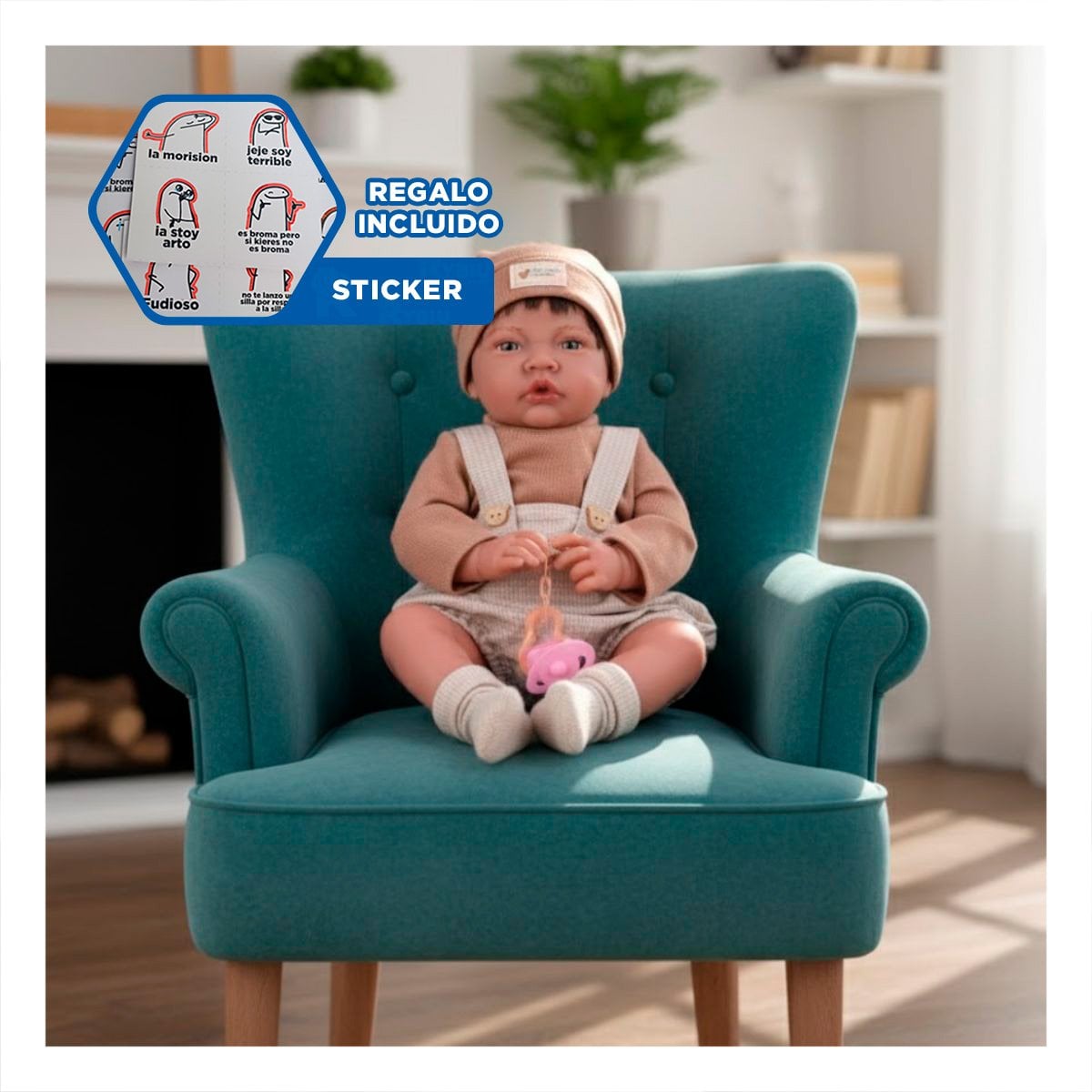 BEBE INFANTIL 42CM CON VESTUARIO COMPLETO OVEROL SHORT Y GORRO MARRON Y+REGALO STICKER - 1