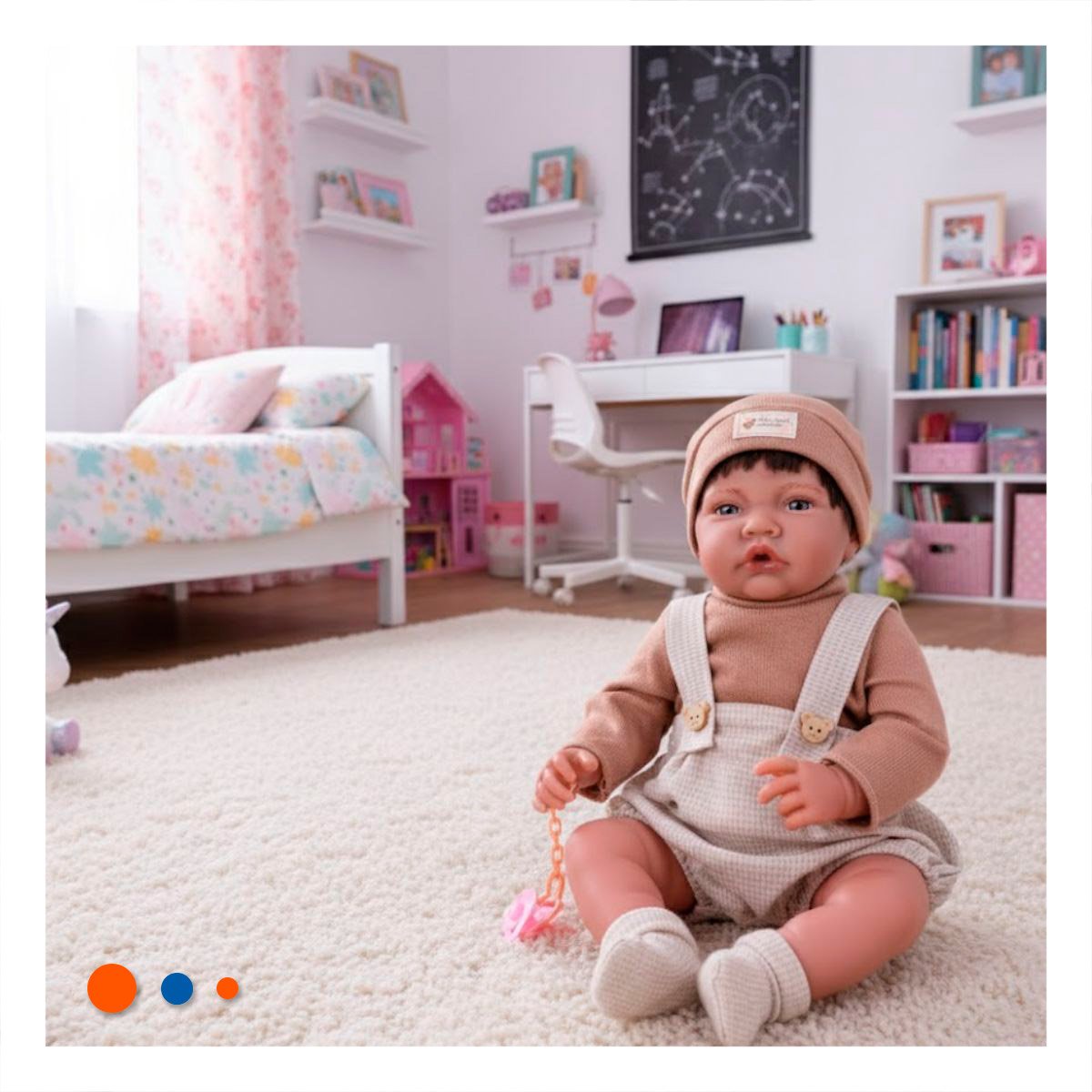 BEBE INFANTIL 42CM CON VESTUARIO COMPLETO OVEROL SHORT Y GORRO MARRON Y+REGALO STICKER - 2
