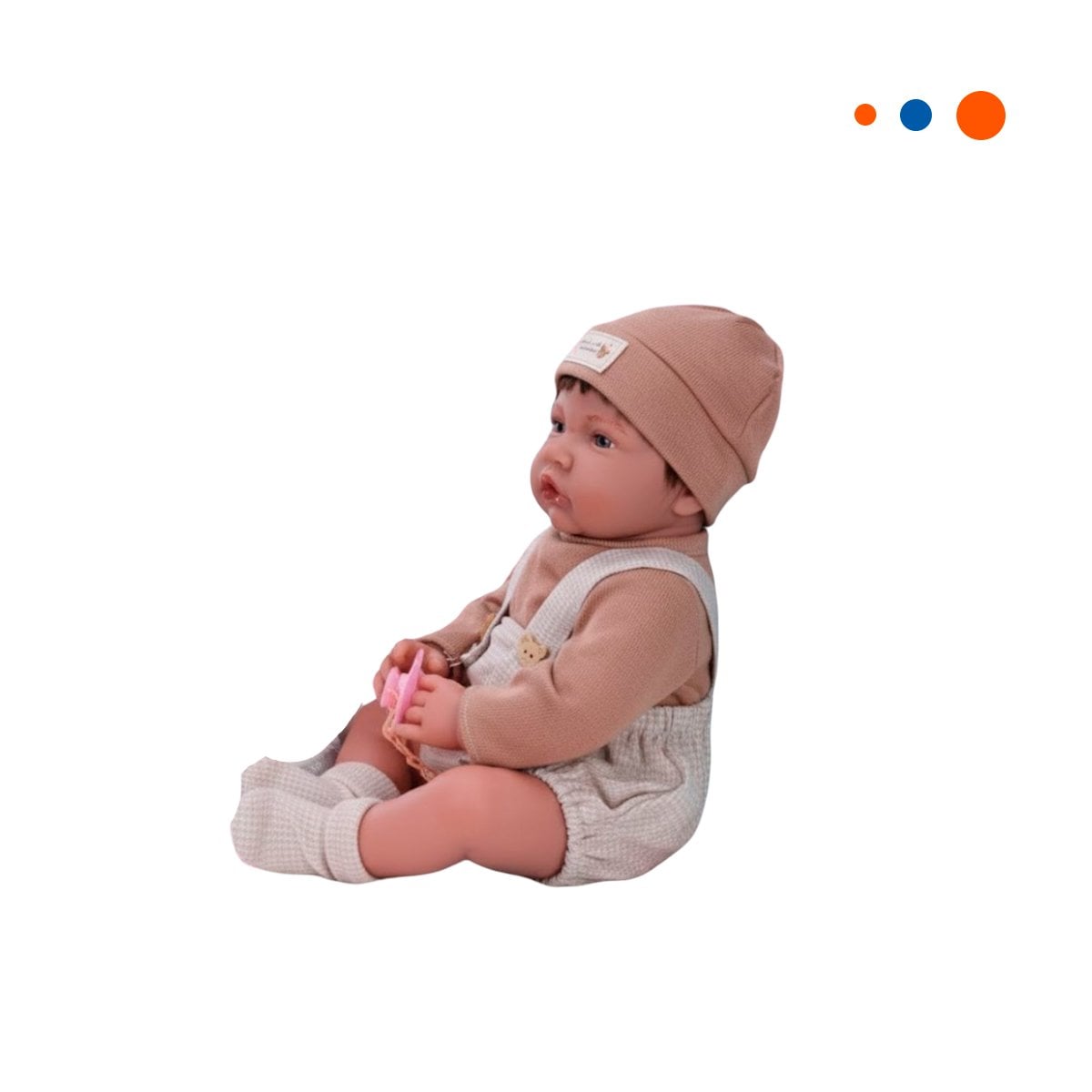 BEBE INFANTIL 42CM CON VESTUARIO COMPLETO OVEROL SHORT Y GORRO MARRON Y+REGALO STICKER - 3