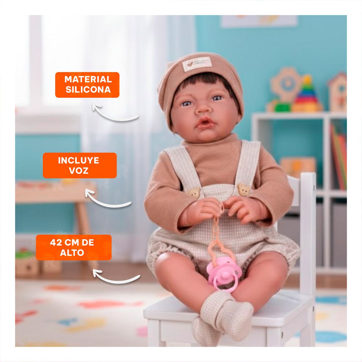 BEBE INFANTIL 42CM CON VESTUARIO COMPLETO OVEROL SHORT Y GORRO MARRON Y+REGALO STICKER - 5
