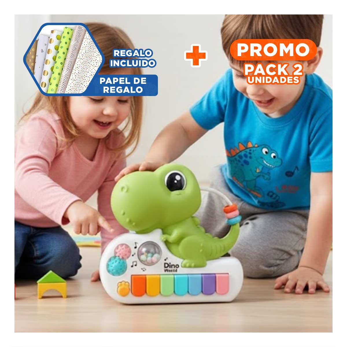 PACK2 SINTETIZADOR MUSICAL INFANTIL DINOSAURIO 17.5 CM VERDE CON SONIDO Y+PAPEL REGALO - 1