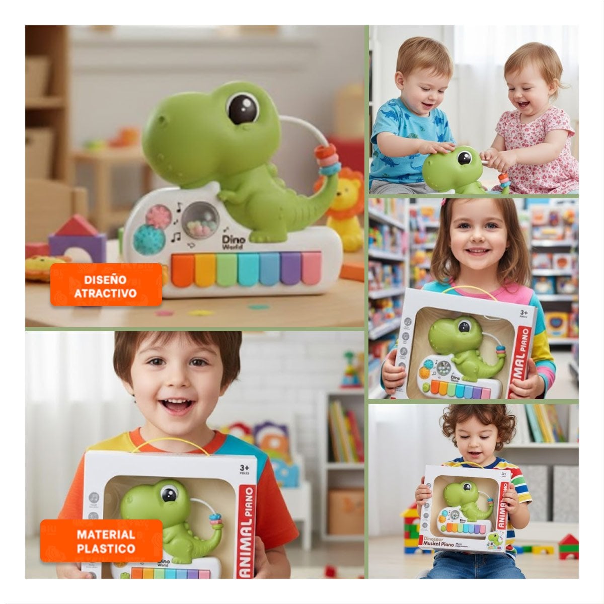 PACK2 SINTETIZADOR MUSICAL INFANTIL DINOSAURIO 17.5 CM VERDE CON SONIDO Y+PAPEL REGALO - 3