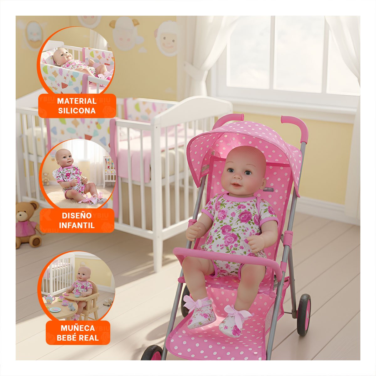 JUGUETE INFANTIL REALISTA CON VESTIDO ROSADO VUELOS Y VINCHA PUNTITOS Y+PAPEL REGALO - 5