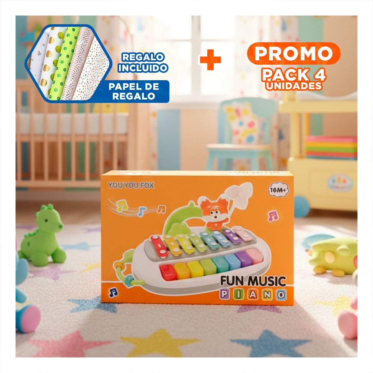 PACK4 MUSICAL CREATIVO CON FIGURA ZORRO PARA JUEGO Y DESARROLLO Y+PAPEL REGALO - 1