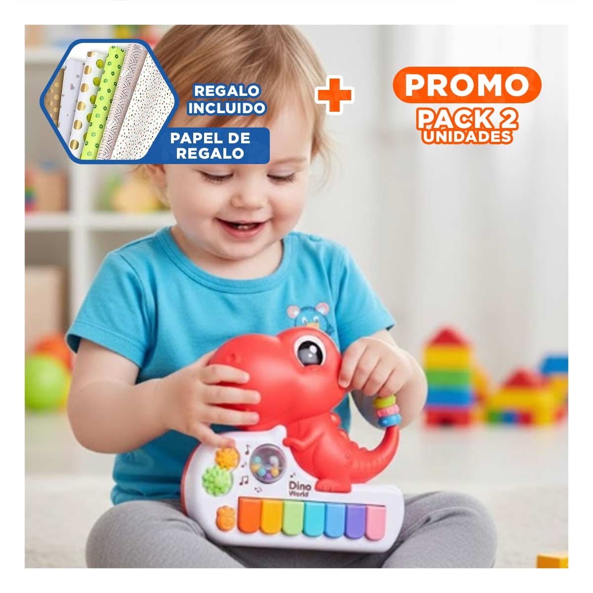 PACK2 SINTETIZADOR MUSICAL INFANTIL DINOSAURIO 17.5 CM ROSADO CON SONIDO Y+PAPEL REGALO - 1