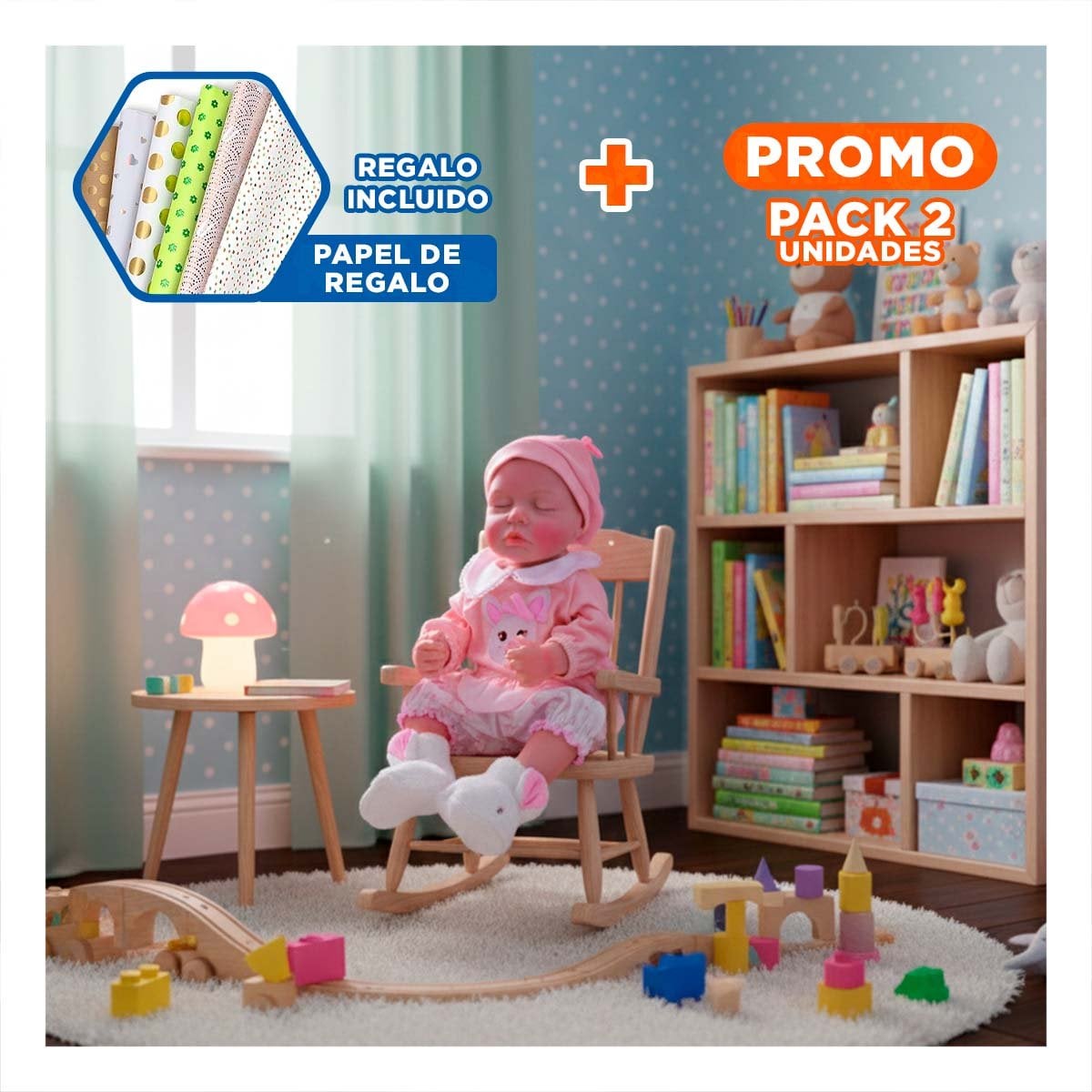 PACK2 INFANTE DE JUGUETE REALISTA CON ROPA DE CONEJO DE COLOR ROSADO 50CM Y+PAPEL REGALO - 1