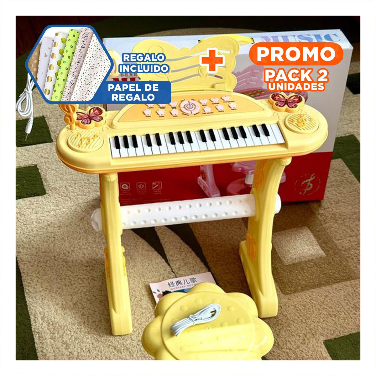 PACK2 INSTRUMENTO INFANTIL CON MICROFONO Y SILLA AMARILLA PARA RITMO Y MELODIA Y+PAPEL REGALO - 1