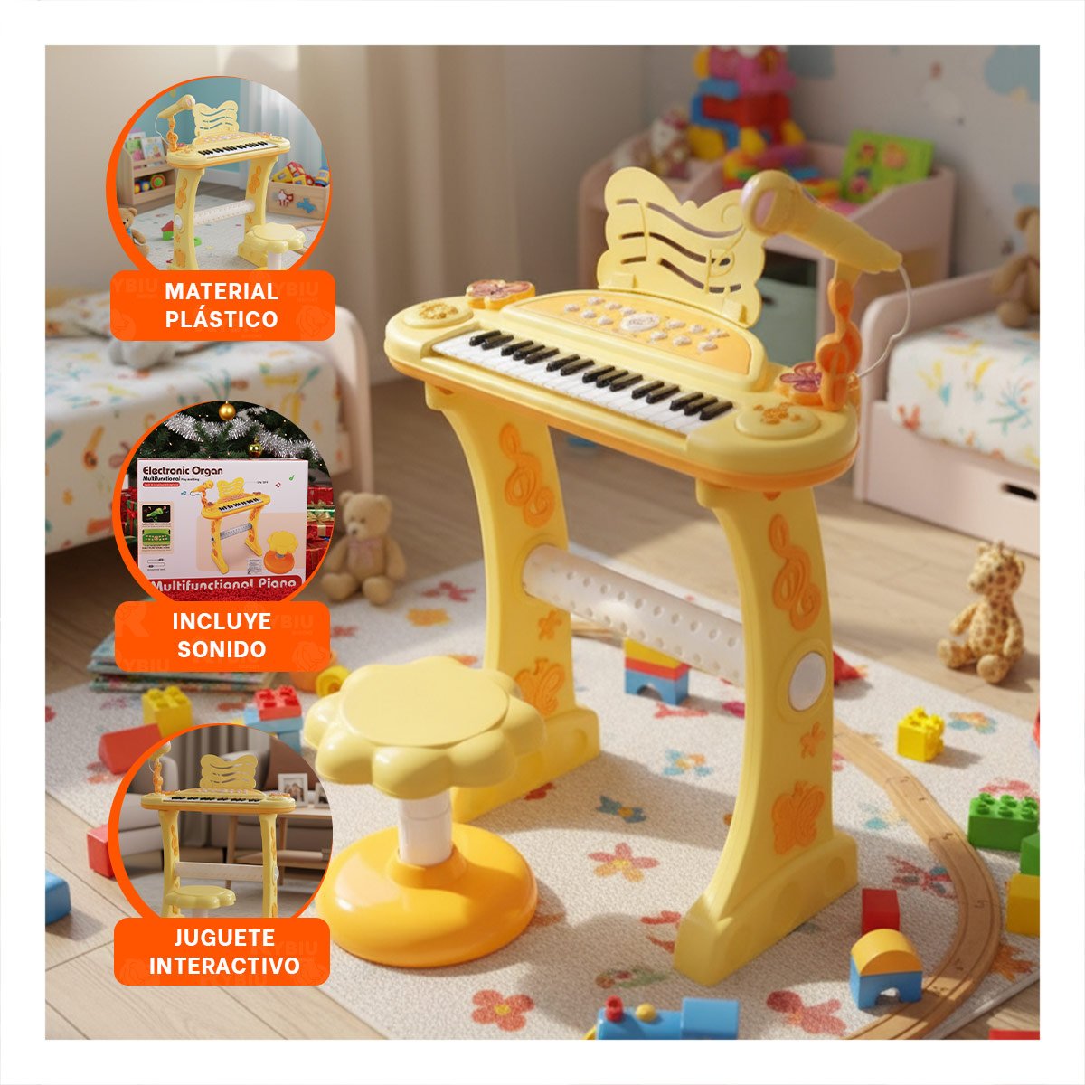 PACK2 INSTRUMENTO INFANTIL CON MICROFONO Y SILLA AMARILLA PARA RITMO Y MELODIA Y+PAPEL REGALO - 5