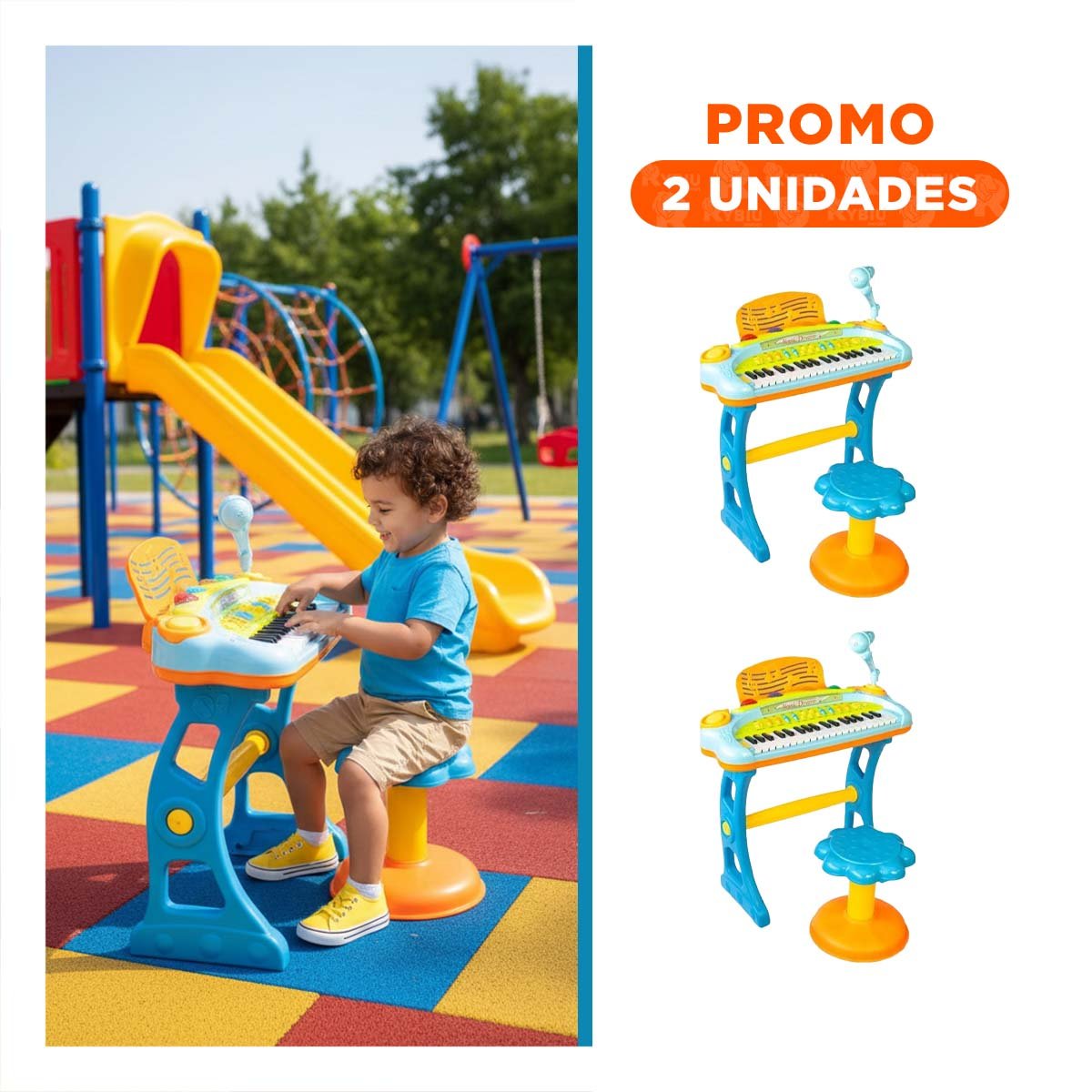 PACK2 HERRAMIENTA MUSICAL INFANTIL PIANO CON MICROFONO Y SILLA CELESTE JUEGO - 1