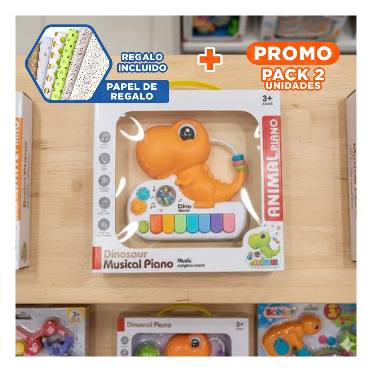 PACK2 SINTETIZADOR MUSICAL INFANTIL DINOSAURIO 17.5 CM AMARILLO CON SONIDO Y+PAPEL REGALO - 1