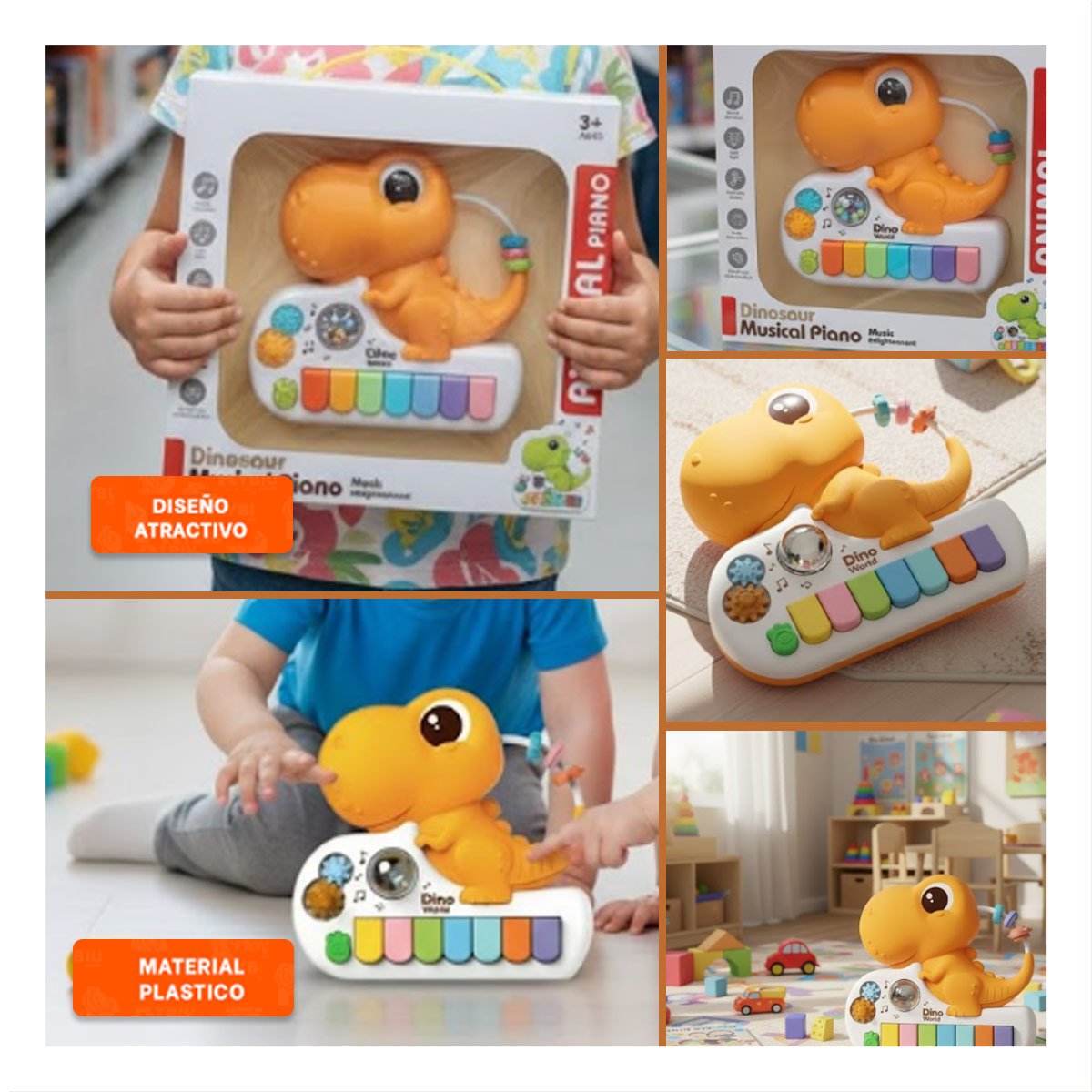 PACK2 SINTETIZADOR MUSICAL INFANTIL DINOSAURIO 17.5 CM AMARILLO CON SONIDO Y+PAPEL REGALO - 3