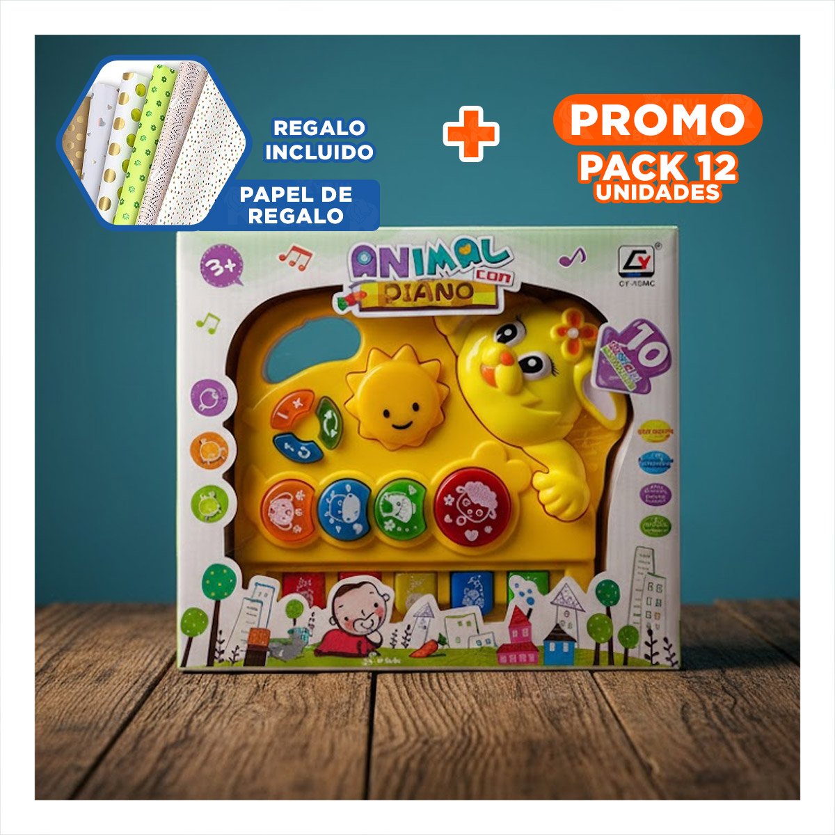 PACK12 ORGANETA DIDACTICA SONORA DE CONEJO CON LUCES PARA HOGAR Y+PAPEL REGALO - 1
