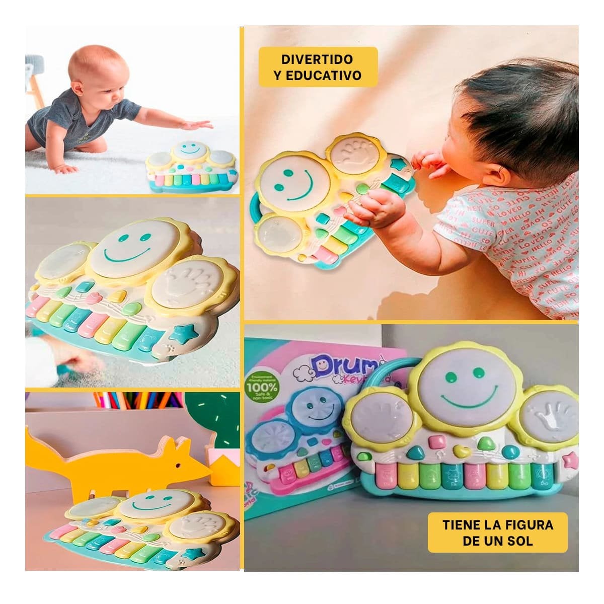 PACK12 JUGUETE COMPACTO MUSICAL DE SOL EN COLOR AMARILLO PARA HOGAR Y+PAPEL REGALO - 2