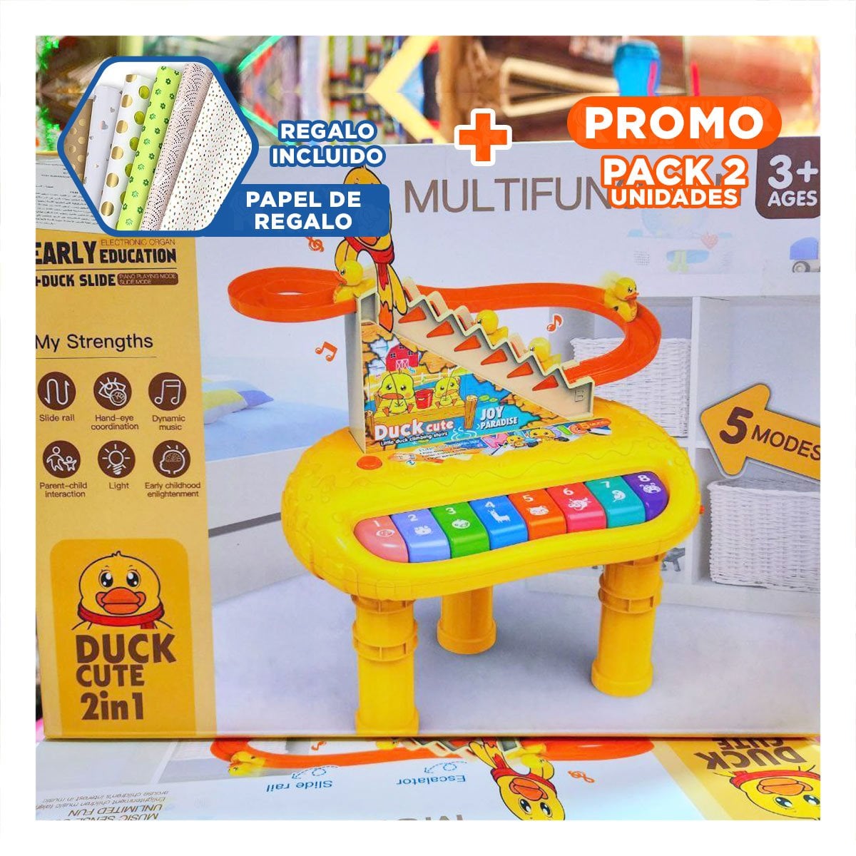 PACK2 JUEGO MUSICAL PATO 2 EN 1 CON TOBOGAN DE PATITOS INFANTIL AMARILLO Y+PAPEL REGALO - 1