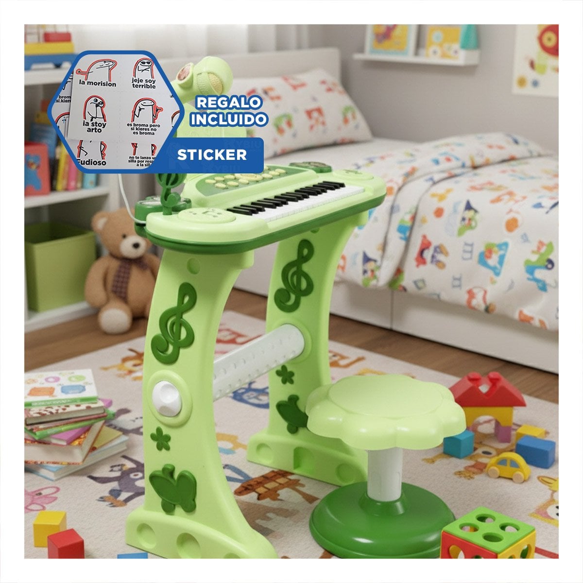 INSTRUMENTO MUSICAL INFANTIL CON MICROFONO Y SILLA VERDE PARA JUEGO SONORO Y+REGALO STICKER - 1