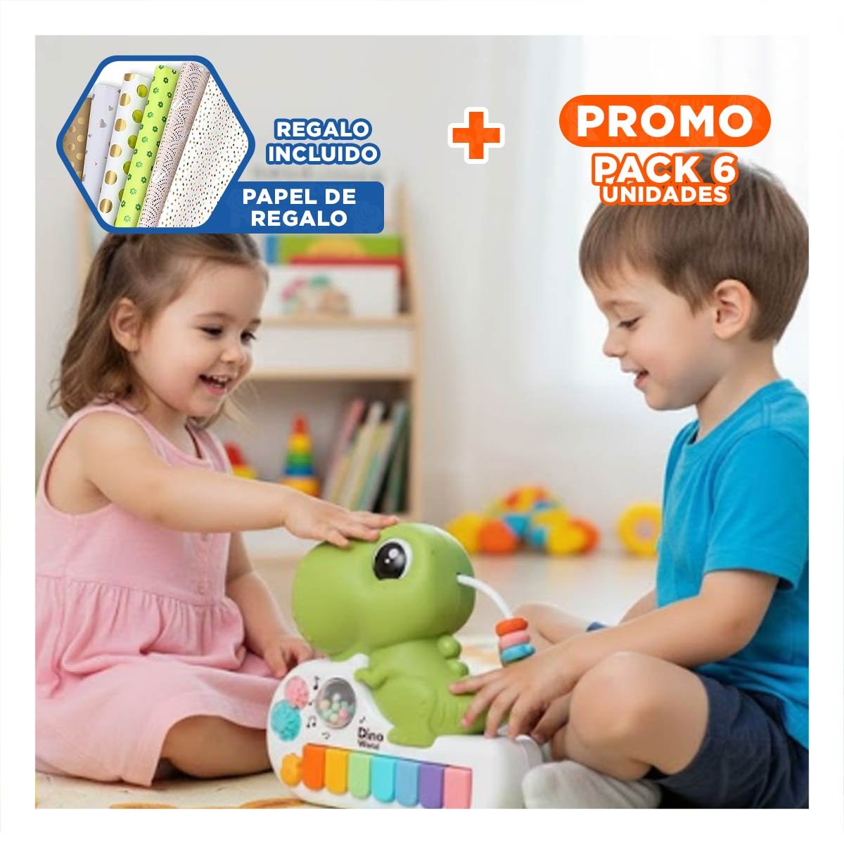 PACK6 JUGUETE DE SONIDO MUSICAL CON FORMA DINOSAURIO VERDE 17.5 CM Y+PAPEL REGALO - 1
