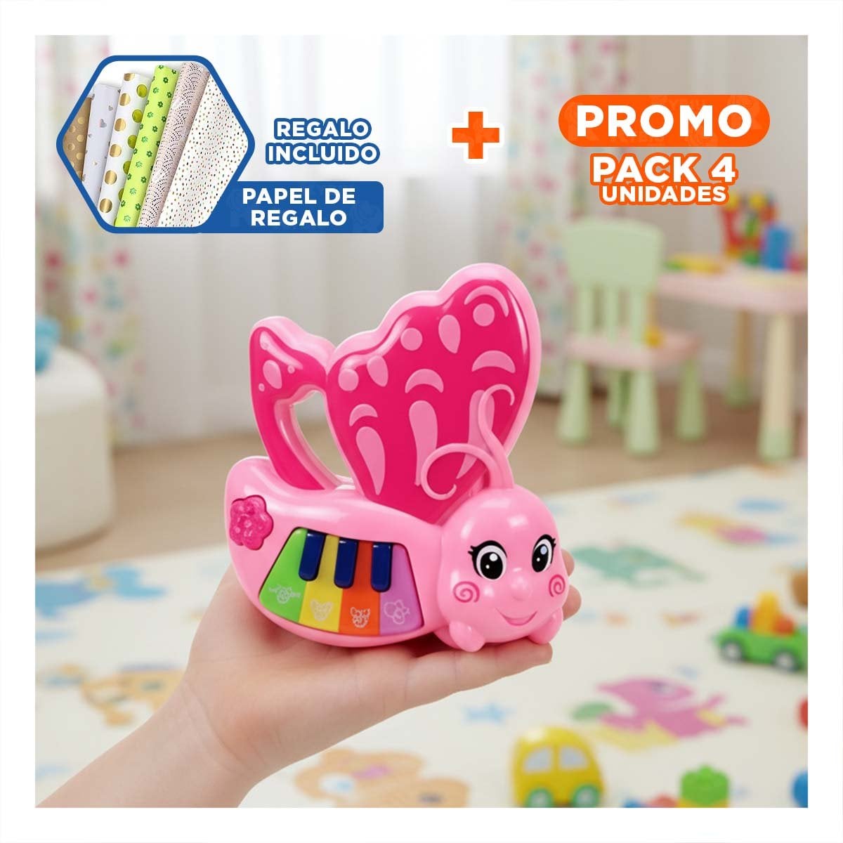 PACK4 TECLAS INFANTILES MARIPOSA ROSADO 22X26 CM CON SONIDO Y+PAPEL REGALO - 1
