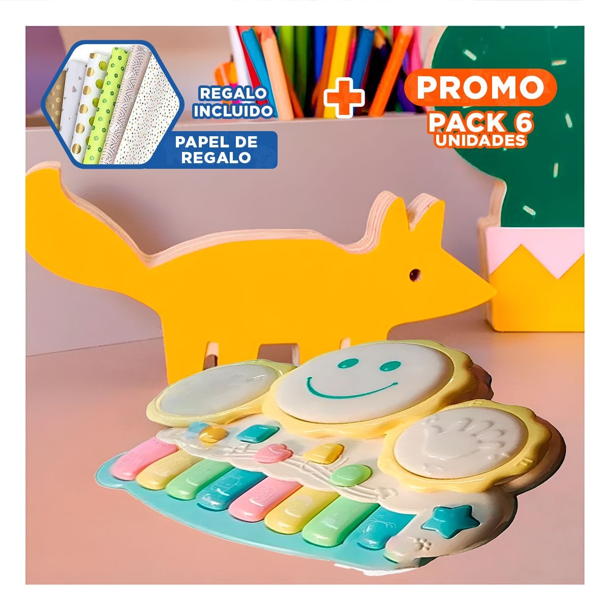 PACK6 PIANO PORTATIL MUSICAL DE SOL CON TECLAS AMARILLAS PARA HOGAR Y+PAPEL REGALO - 1