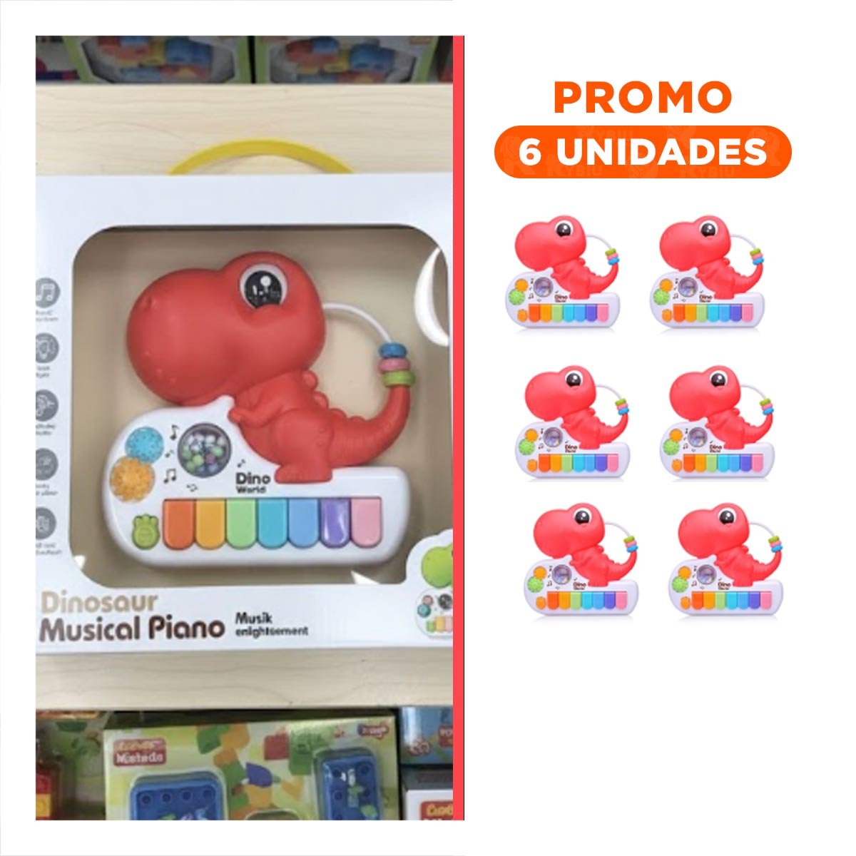 PACK6 JUGUETE MUSICAL INFANTIL DINOSAURIO 17.5 CM ROSADO CON TECLAS - 1