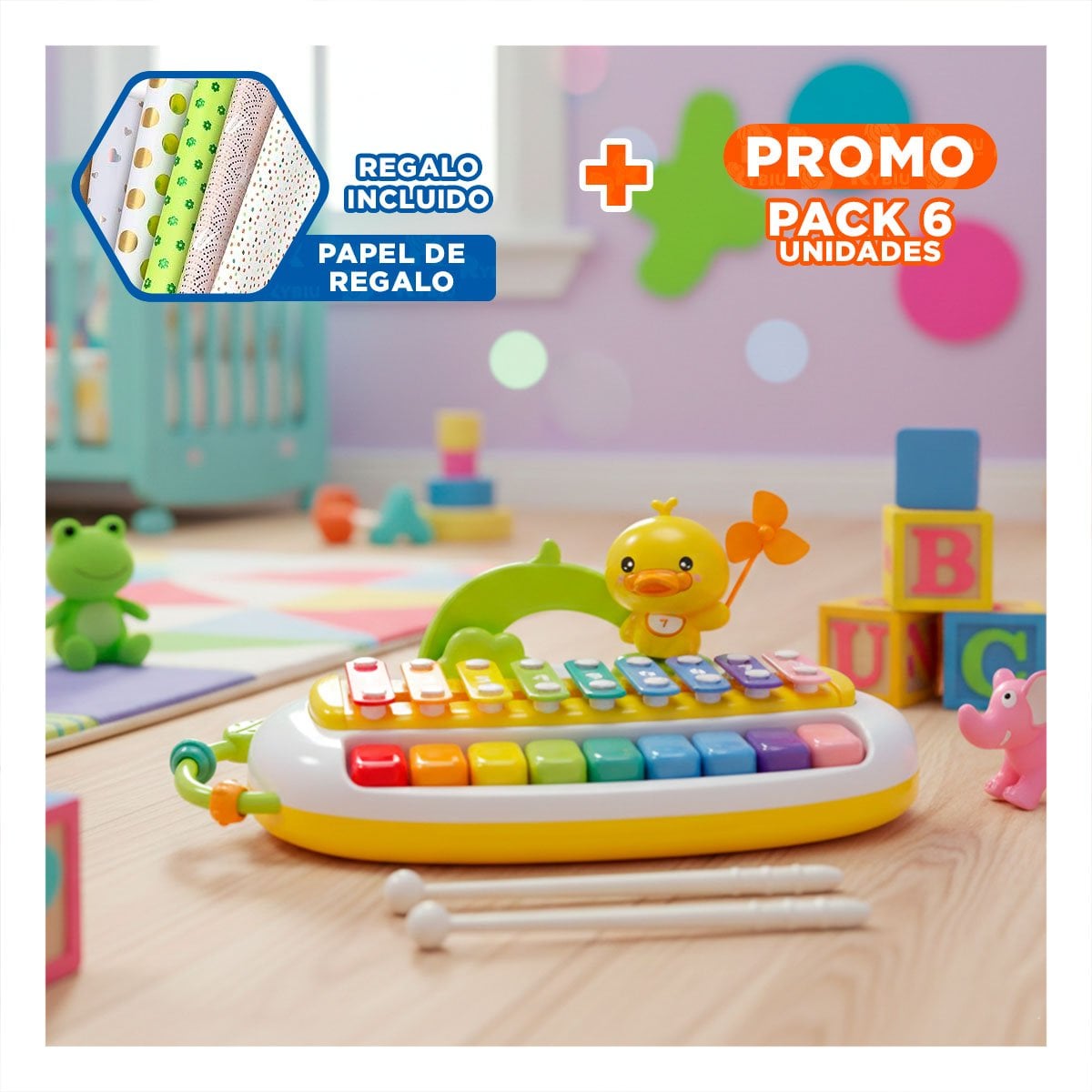 PACK6 CONCEPTO MUSICAL XILOFONO CON PATO PARA ACTIVIDADES DE RITMO Y+PAPEL REGALO - 1