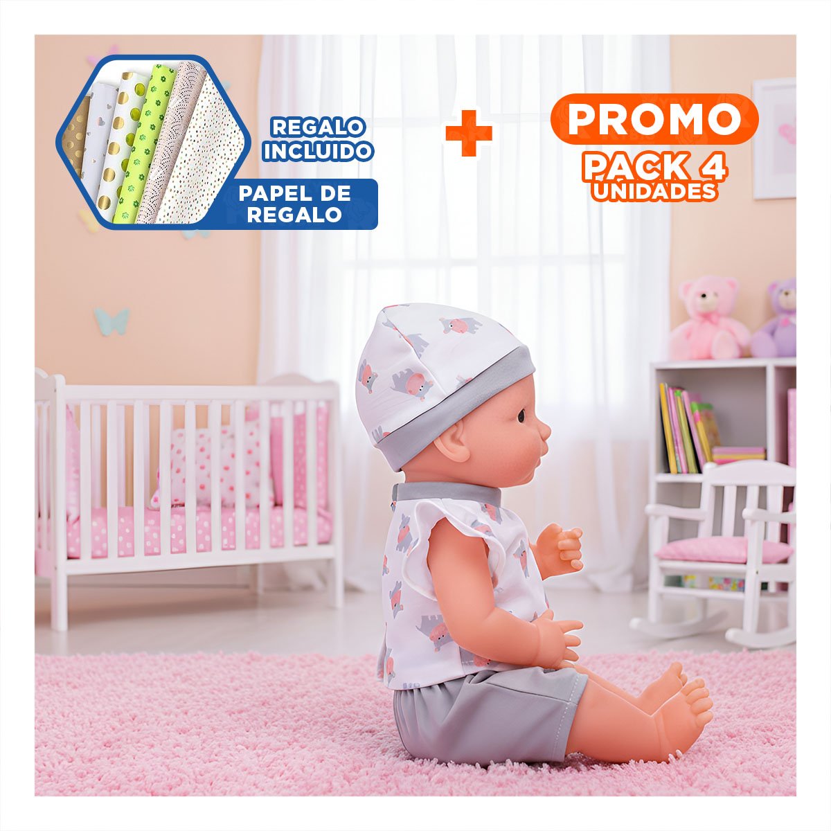 PACK4 MUNECO HIPOPOTAMO DECORATIVO CON ROPITA Y ACCESORIOS PARA BEBES Y+PAPEL REGALO - 1