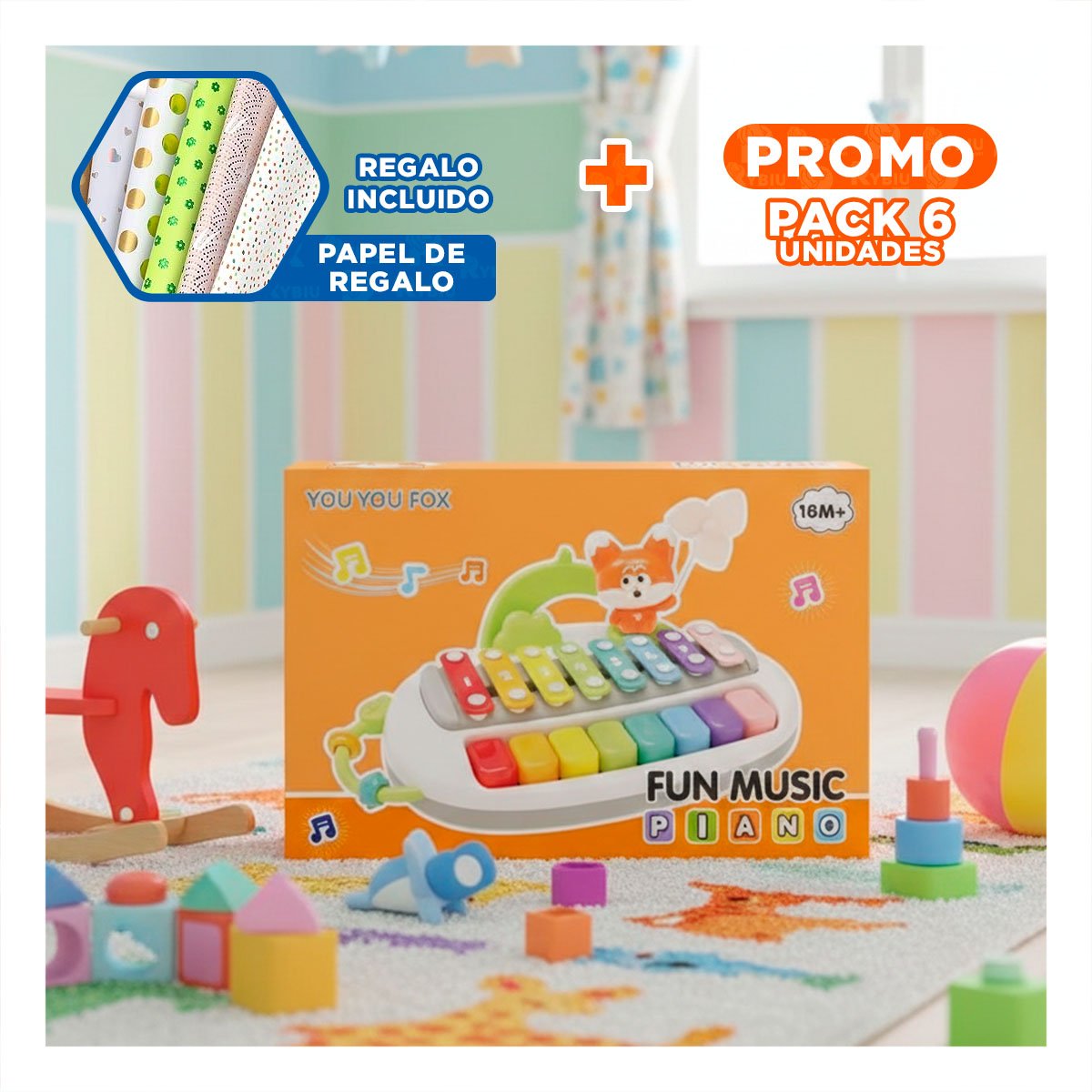 PACK6 INSTRUMENTO SENSORIAL MUSICAL CON FIGURA ZORRO PARA JUEGO Y RITMO Y+PAPEL REGALO - 1