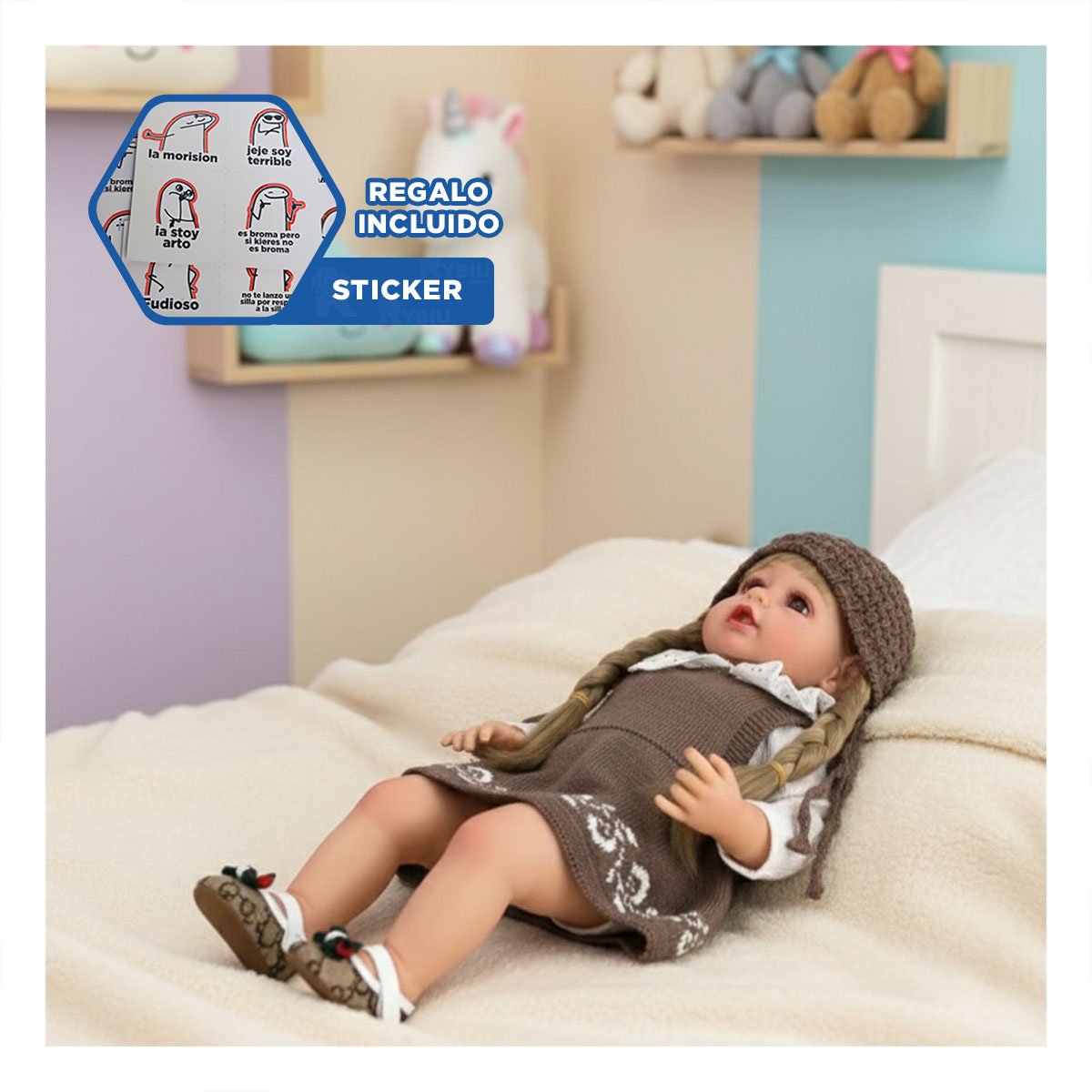 PRENDA TEJIDA MARRON PARA BEBE CON VESTIDO Y GORRO CALIDO Y+REGALO STICKER - 1