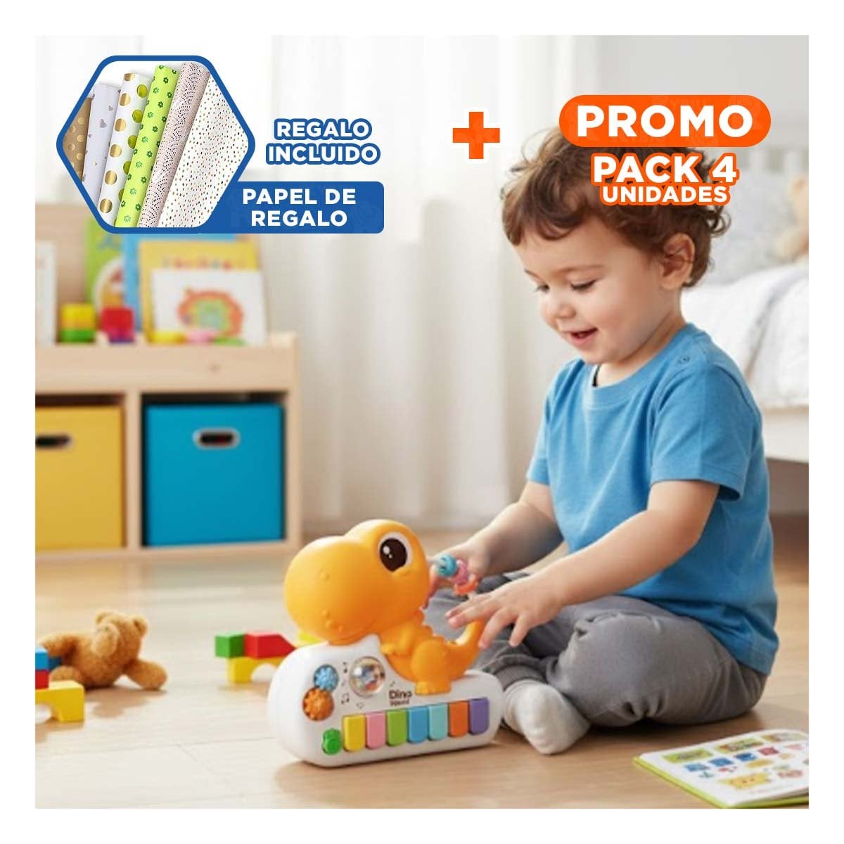 PACK4 SINTETIZADOR DE SONIDO DINOSAURIO PARA NINOS 17.5 CM AMARILLO Y+PAPEL REGALO - 1
