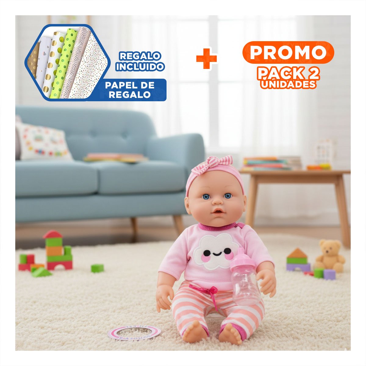 PACK2 AMIGA DULCE ROSADA CON CHOMPA NUBE Y PANTALON RAYAS PARA BEBE EN CASA Y+PAPEL REGALO - 1