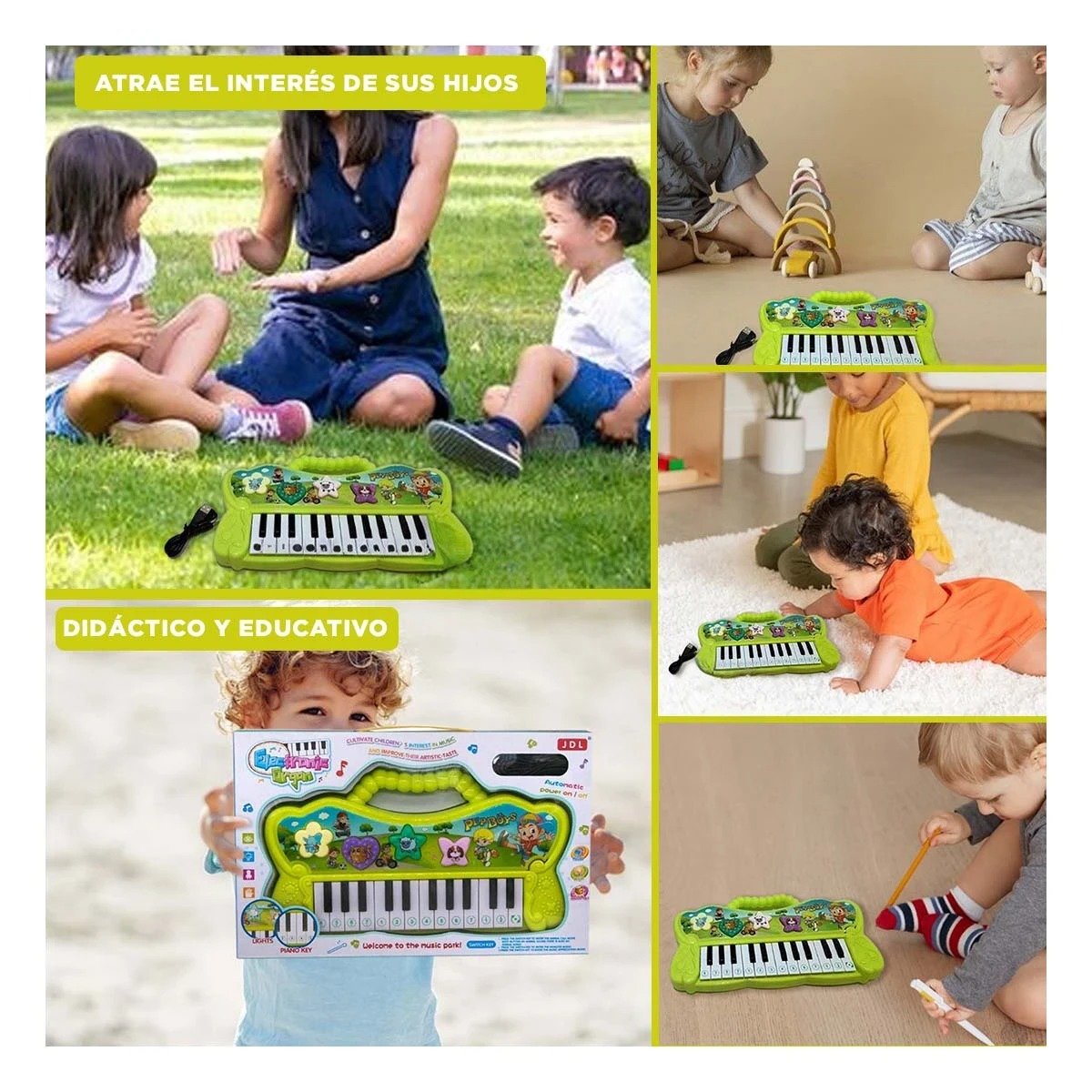 PACK6 INSTRUMENTO VERDE MUSICAL CON SONIDOS Y TECLAS PARA ACTIVIDAD Y+PAPEL REGALO - 3